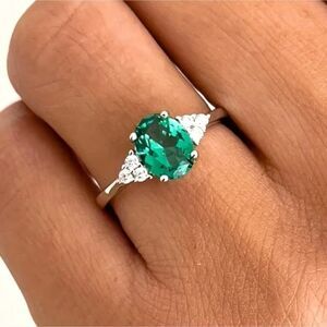 Oval Green Emerald and Zircon Gemstone Ring